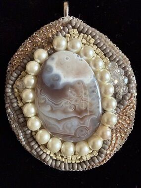 Artisan Beaded White Lace Agate Pendant with Pearl Halo - Neutral Tones